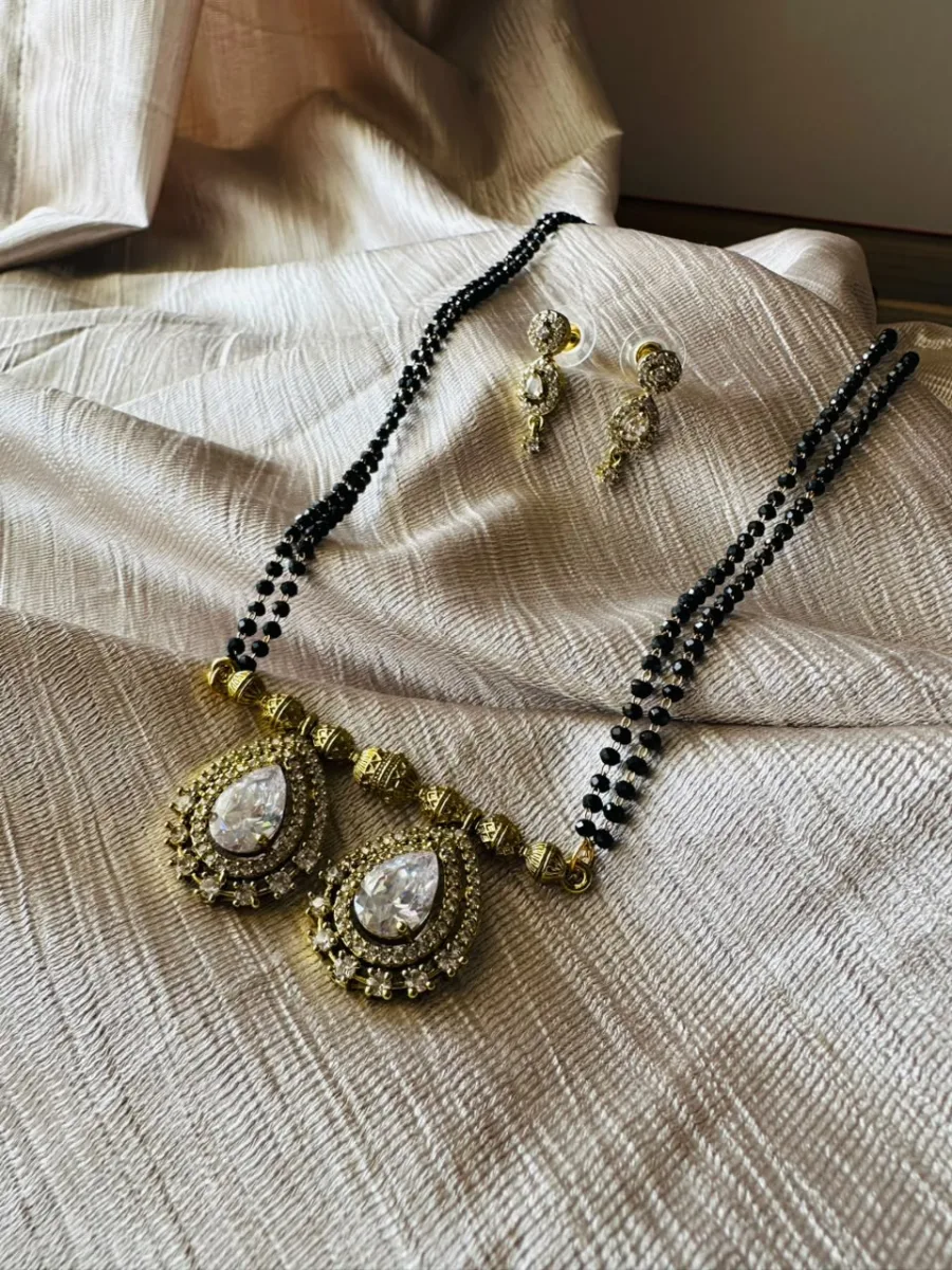 Elegant Gold-Plated CZ Solitaire Drop Mangalsutra Necklace Set