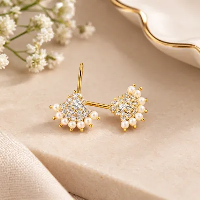 Maharashtrian Gold Plated Bugdi Earrings with Pearl & CZ Stone Work for Women