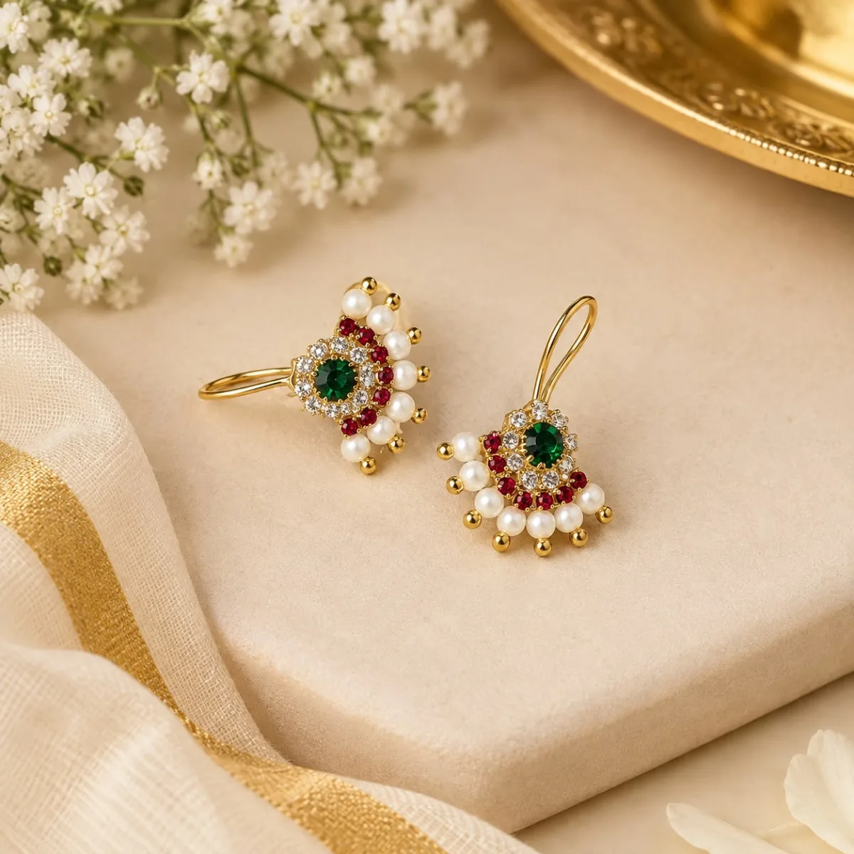 Traditional Maharashtrian Bugdi Earrings for Women | Green Red Stone Pearl Bugdi | Gold Tone Imitation Jewellery